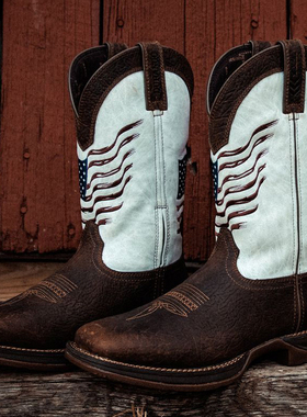 Durango美国国旗刺绣白底牛皮橡胶底防滑厚底真皮西部牛仔靴女靴