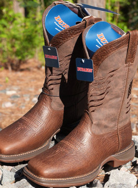 美国Durango牛皮棕色国旗刺绣真皮西部牛仔靴防滑骑马靴男工装靴