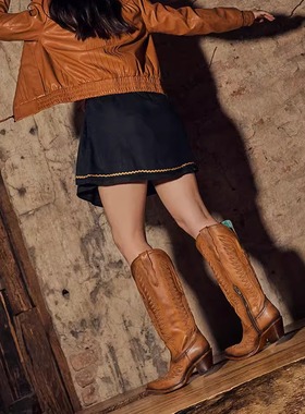 美国产CORRAL纯色牛皮刺绣真皮尖头高跟长靴骑马靴西部牛仔靴女