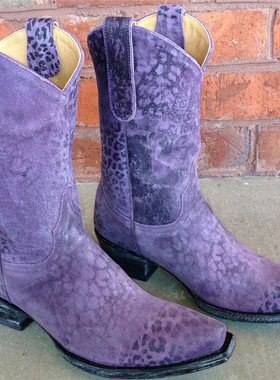 Old Gringo墨西哥手工靴紫色豹纹牛皮尖头粗跟短靴西部牛仔靴女靴