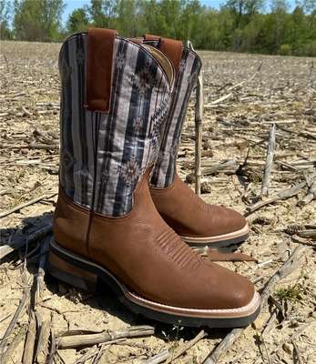 美国产代购ROPER油蜡皮真皮几何印花方头复古西部牛仔靴骑士靴男