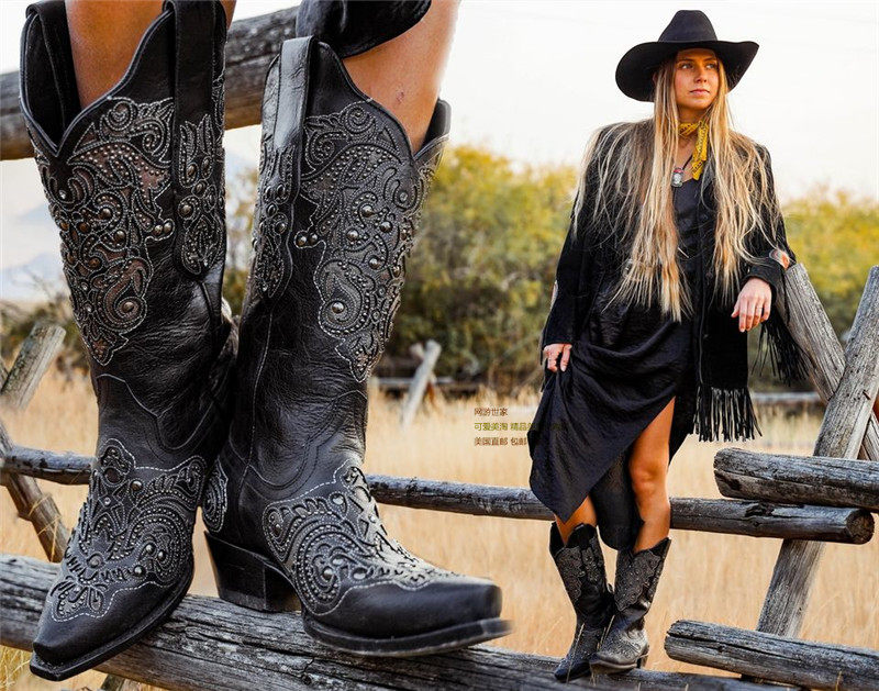 black墨西哥牛仔靴牛皮铆钉重工刺绣高筒马术靴复古西部牛仔靴女