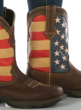Durango油蜡牛皮橡胶底防滑钢趾美国国旗刺绣中筒靴西部牛仔靴女