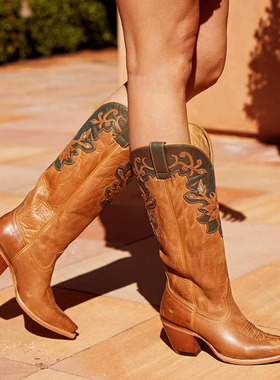 美国产SHYANNE 牛皮尖头刺绣里外真皮高跟复古西部牛仔靴女骑马靴