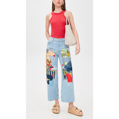 美国产MOTHER仿补丁高腰提臀直筒裤牛仔裤柔软无弹力纯棉9分裤女