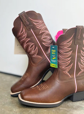 美国ARIAT中大儿童刺绣牛皮真皮防滑中筒骑马靴西部牛仔靴28-39码