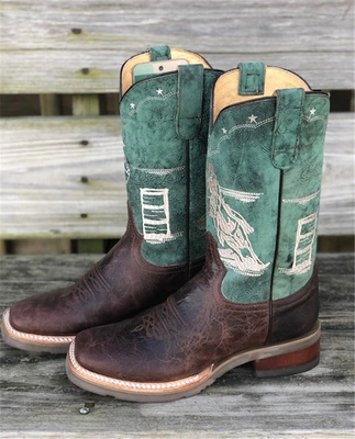 美国Roper头层牛皮真皮刺绣厚底方头复古西部牛仔真皮高筒马靴女