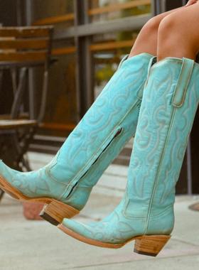 美国代购CORRAL蓝色牛皮刺绣尖头真皮及膝长靴西部牛仔靴女骑马靴