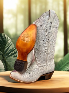 美国代购Corral裂纹牛皮复古尖头粗跟西部靴真皮白色高筒牛仔靴女