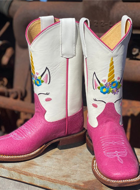 MACIE 小狐狸刺绣粉色西部牛仔靴牛皮真皮方头骑马靴25-38码儿童