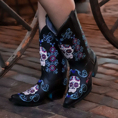 美国NUEVO牛皮真皮里印第安人糖头骨刺绣尖头骑马靴西部牛仔靴女