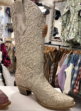 美国产Corral团花雕花刺绣真皮尖头高筒靴骑马靴白色西部牛仔靴女