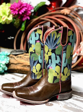 ARIAT头层牛皮真皮绿色仙人掌刺绣方头马靴复古中筒西部牛仔靴女