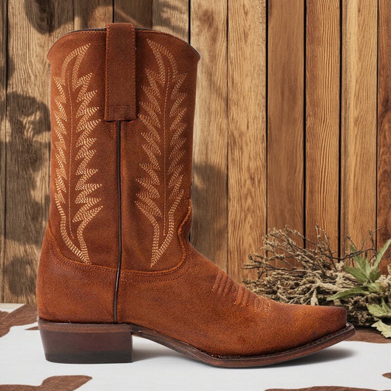 反绒真皮西部牛仔靴骑马靴复古