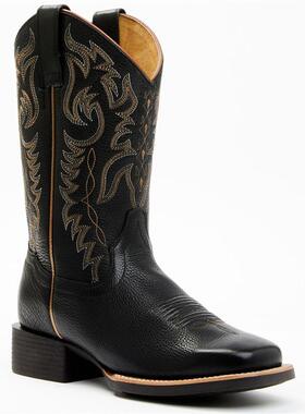 美国SHYANNE牛皮真皮蝴蝶刺绣方头复古西部牛仔靴女橡胶底骑马靴