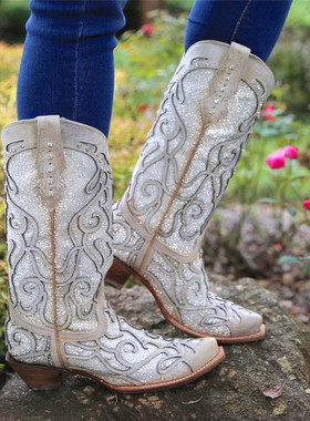 代购Corral头层牛皮真皮里雕花白色西部靴复古西部牛仔靴女中筒靴