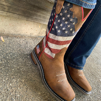 Roper牛皮方头美国国旗印花复古西部牛仔靴真皮里高筒靴马术靴女