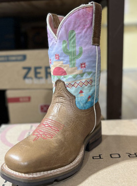 美国代购roper牛皮仙人掌刺绣中大童骑马靴儿童西部牛仔靴25-38