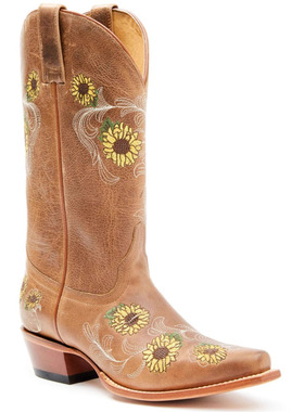 美国产SHYANNE向日葵刺绣牛皮中筒靴尖头真皮西部牛仔靴骑马靴女