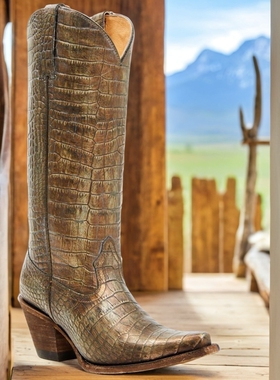 美国代购SHYANNE鳄鱼纹牛皮真皮刺绣尖头粗高跟复古西部牛仔靴女