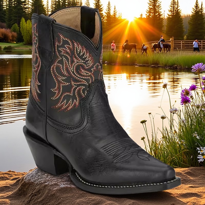 美国产JUSTIN牛皮里外真皮刺绣复古西部牛仔靴尖头短靴骑马靴女靴