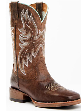 美国西部牛仔靴SHYANNE牛皮12排针刺绣中筒靴方头骑马靴橡胶底女