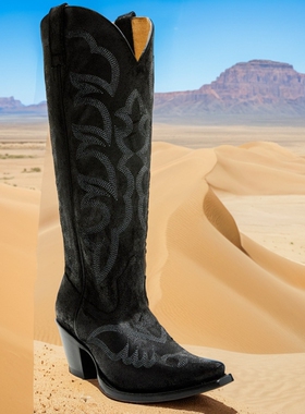 美国代购SHYANNE牛皮真皮尖头刺绣V型口高跟长靴复古西部牛仔靴女