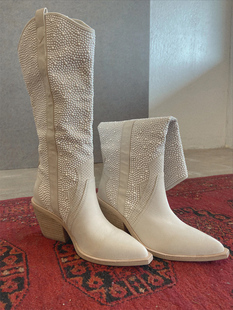 DV牛皮镶珍珠白色马术靴西部靴尖头高筒靴骑马靴女 美国牛仔靴正品