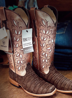 美国正品ariat鳄鱼皮雕花丝质牛皮刺绣方头高筒复古西部牛仔靴女