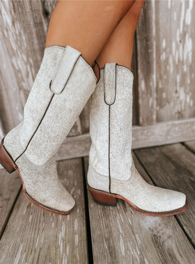 美国代购TANNER马毛真皮里白色高筒靴复古西部牛仔靴女马靴骑马靴