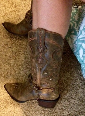 美国Durango牛皮真皮爱心恋刺绣尖头马刺骑马靴复古西部牛仔靴女