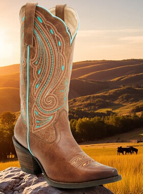 美国Shyanne牛皮真皮里固特异孔雀翎刺绣花瓣口复古西部牛仔靴女