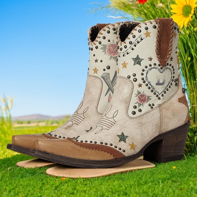 墨西哥OLD GRINGO牛皮真皮复古西部牛仔靴短靴女刺绣铆钉骑马靴