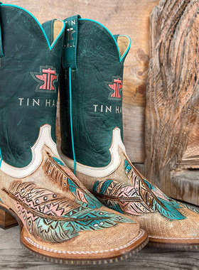 美国代购TIN HAUl烫画绣树叶牛皮方头西部牛仔靴复古中筒骑马靴女