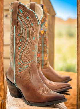 美国代购SHYANNE头层牛皮真皮刺绣花瓣口中筒靴复古西部牛仔靴女