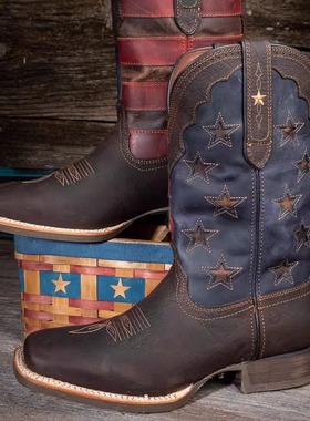 美国Durango牛皮国旗刺绣真皮西部牛仔靴耐磨骑马靴男舒适工装靴
