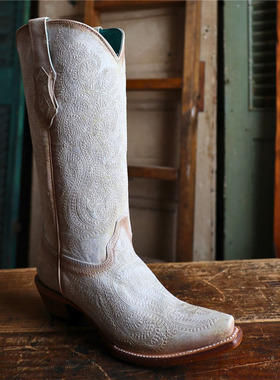 美国CORRAL反绒牛皮满绣刺绣尖头骑马靴长靴复古白色西部牛仔靴女