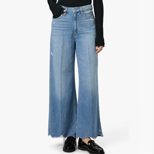 女 柔软春夏牛仔裤 美国产paige高腰弹力莱卡棉提臀修身 毛边阔腿裤