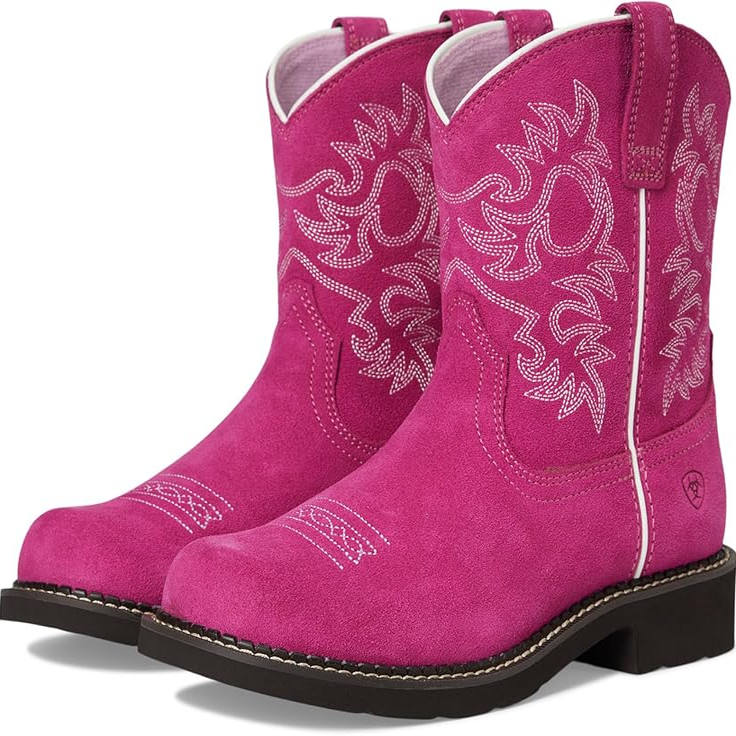 ARIAT反绒牛皮真皮刺绣粉色西部牛仔靴中大儿童短靴骑马靴28-38码