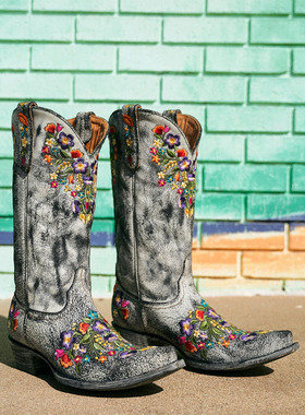 Old Gringo墨西哥手工靴灰色牛皮碎花刺绣尖头骑士靴西部牛仔靴女