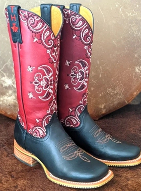 美国TIN HAUL牛皮真皮刺绣方头套筒拼色高筒马靴西复古部牛仔靴女