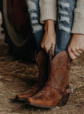 美国Durango打孔牛皮真皮装饰带尖头短靴骑马靴复古西部牛仔靴女