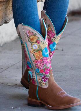 美国牛仔靴Macie疯马皮绣花帮面真皮高筒靴方头西部牛仔靴马靴女