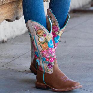 美国牛仔靴Macie疯马皮绣花帮面真皮高筒靴方头西部牛仔靴马靴女