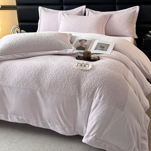 简约牛奶绒提花冬季床上四件套加厚保暖被套纯色婴儿绒床单床笠款