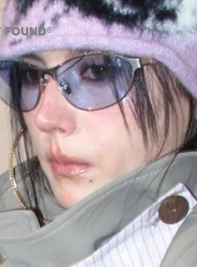 千禧风复古银框浅蓝镜片墨镜