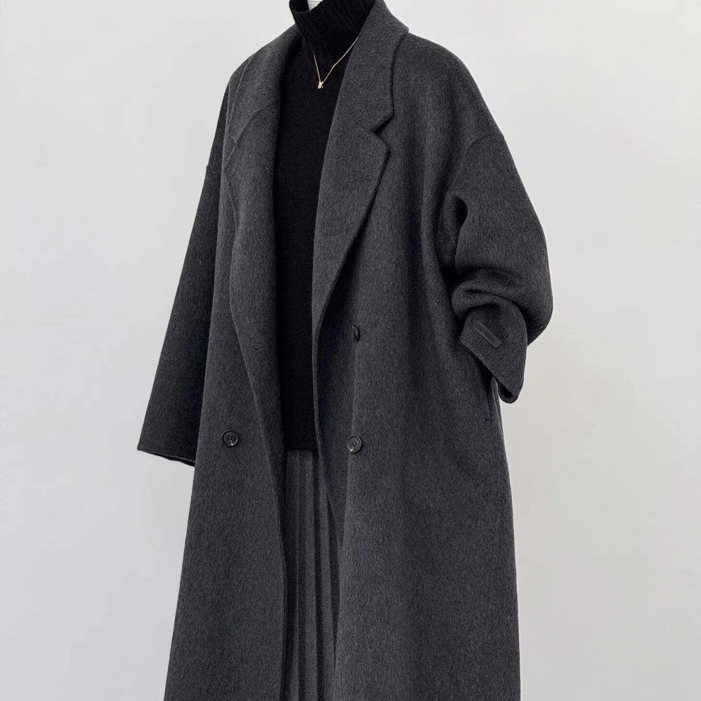 双面羊绒大衣女2025秋冬黑灰色新款韩系宽松中长款高端羊毛呢外套