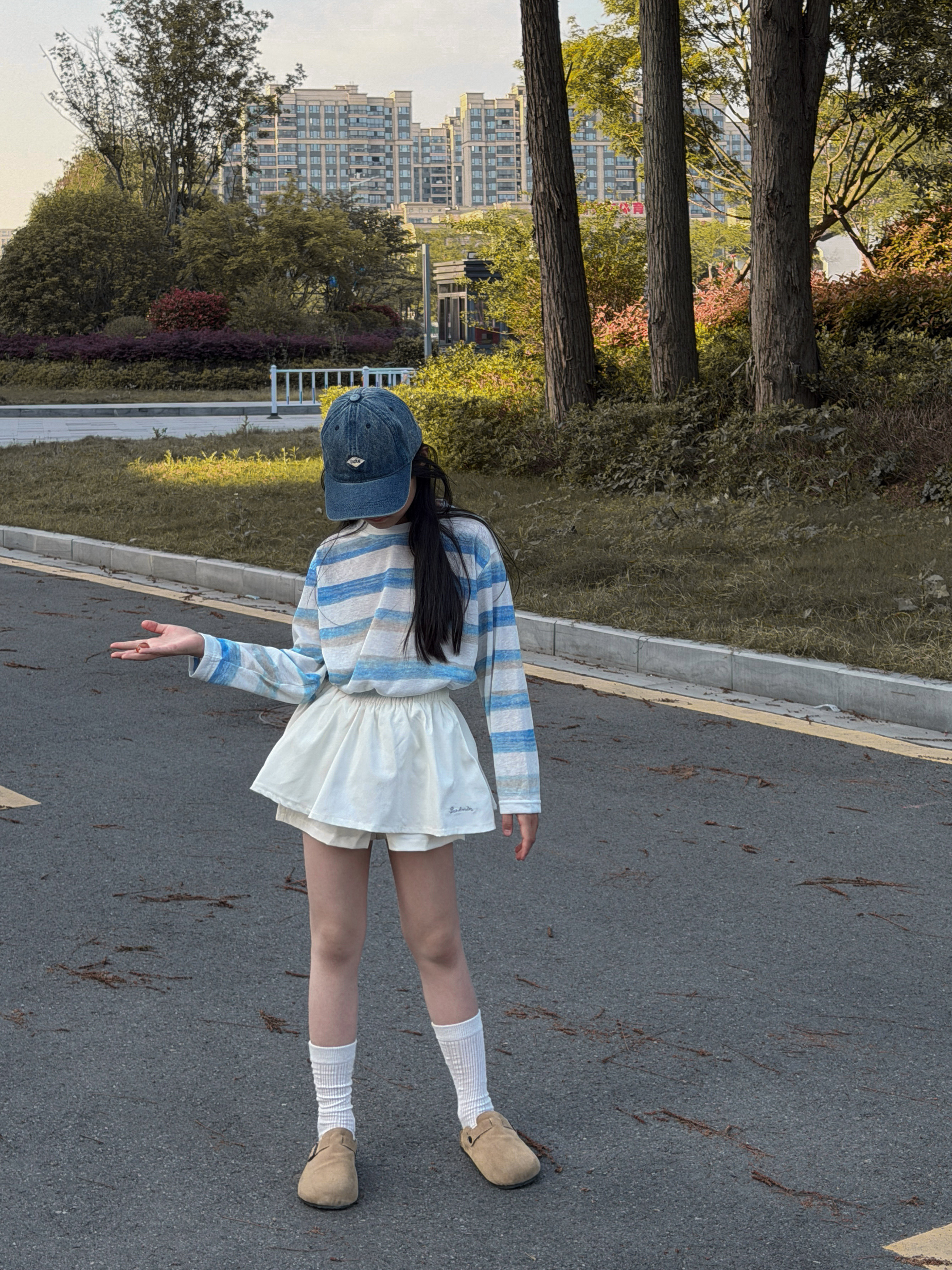 吉小可夏季新款女童条纹防晒衣长袖T恤中大童短袖t恤裙裤两件套装