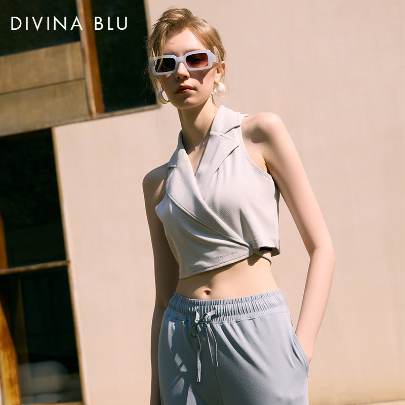 DIVINA BLU瑜伽服西装领绑带外搭运动背心健身服女外穿跑步上衣