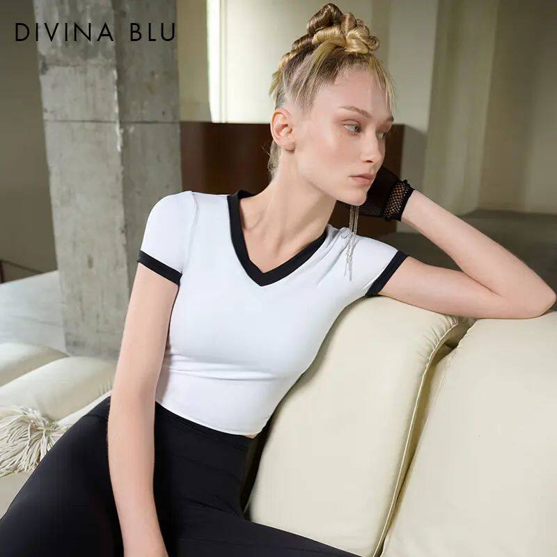 DIVINA BLU迪唯纳都灵系列V领美背裸感瑜伽T恤运动短袖健身上衣女